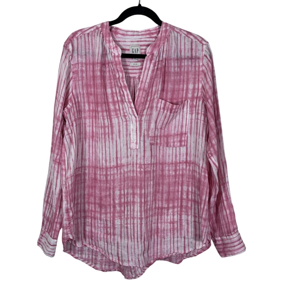 GAP 100% Linen Tunic Popover Top L Pink Tie Dye Coastal Grandmother Boho Beachy